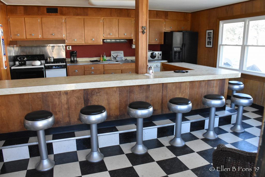 The 1950's kitchen is a gathering place to watch a race or take a break when visiting the farm.